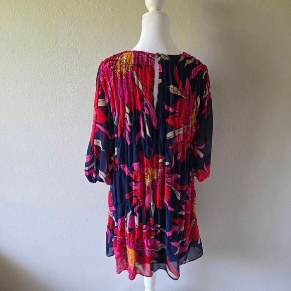 Trina Turk Silvery Dress Blue Floral With 3/4 Baloon Sleeves Small - Picture 3 of 6